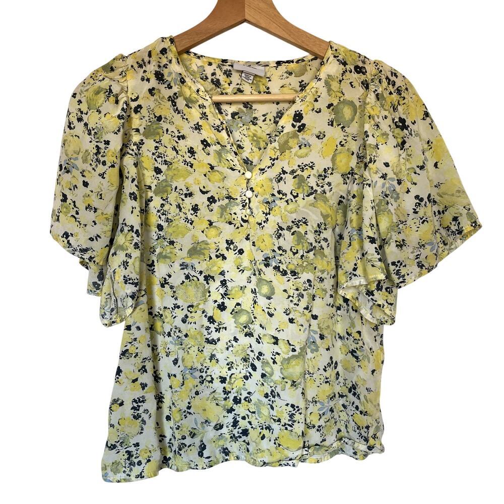 Aware by Vero‎ Moda women's small patterned yellow green flutter sleeve blouse